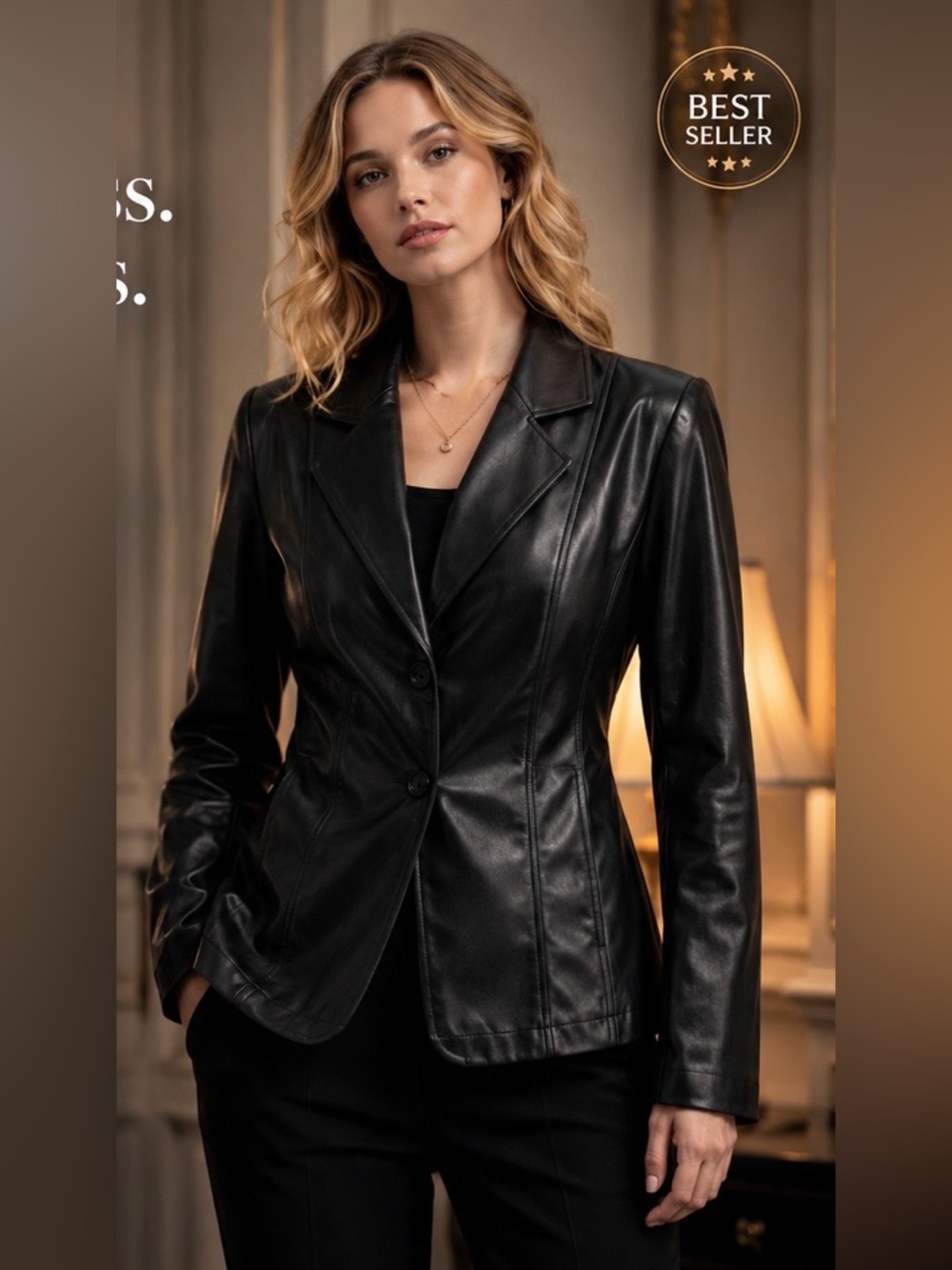 Black Faux Leather Blazer Jacket Women’s Classic Tailored Moto Style Coat Size L